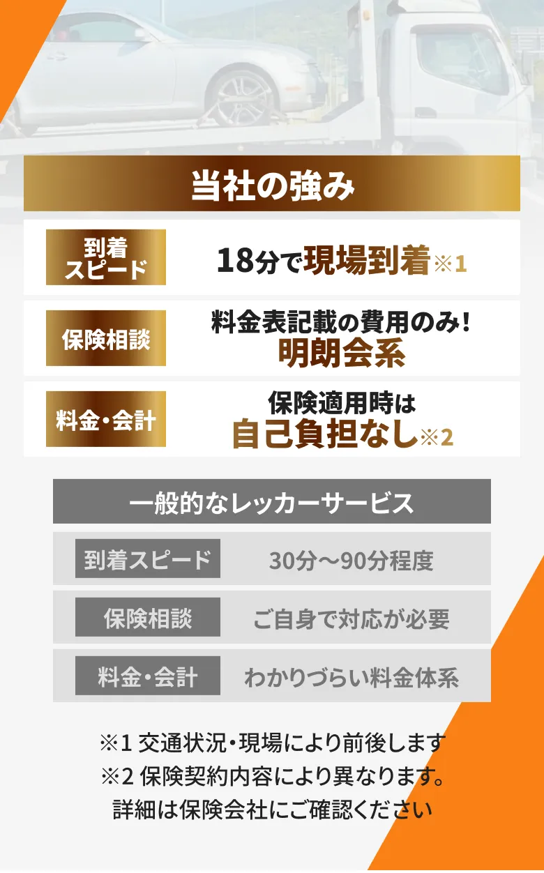 迅速な到着、料金が分かりやすいこと、保険適用時の負担軽減といった自社サービスの強みを整理して示した比較案内
    