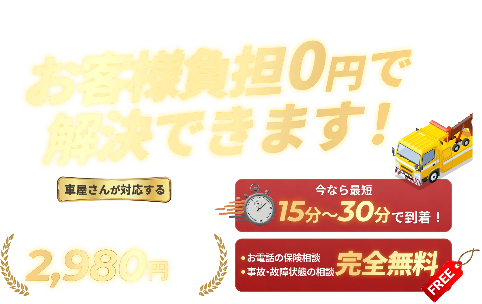 保険が適用される場合に自己負担なくトラブルを解決でき、到着の早さと明確な料金で利用できるレッカーサービスの案内
          