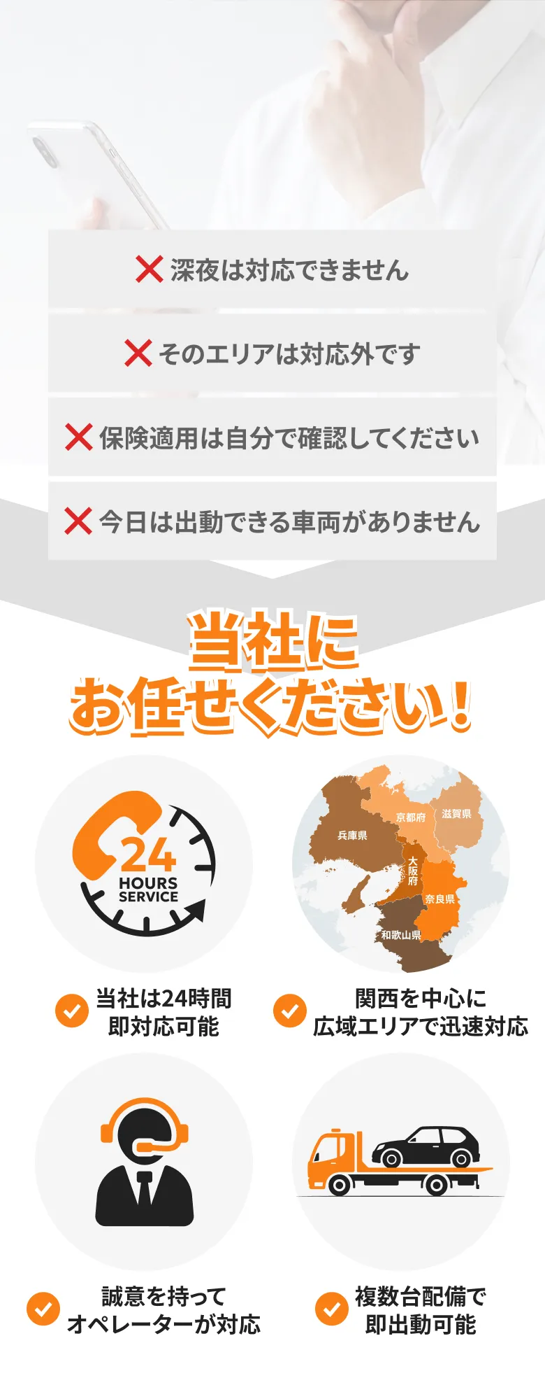 他社に断られた理由の例（深夜対応不可、対応エリア外、保険確認は自己対応、当日出動不可）を示し、「当社にお任せください」と24時間対応・広域対応・誠実なオペレーター・即出動可能をアイコンで訴求している案内画像。
    